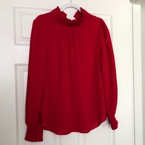 Women’s Red Long-Sleeve Blouse with Ruffle Neck